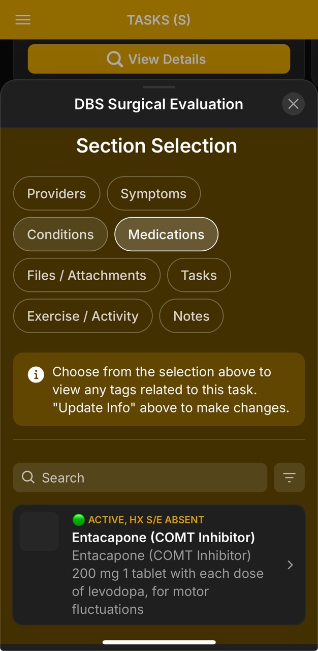 Tasks Detail Page (DBS Surgical Eval, Relevant Medications)